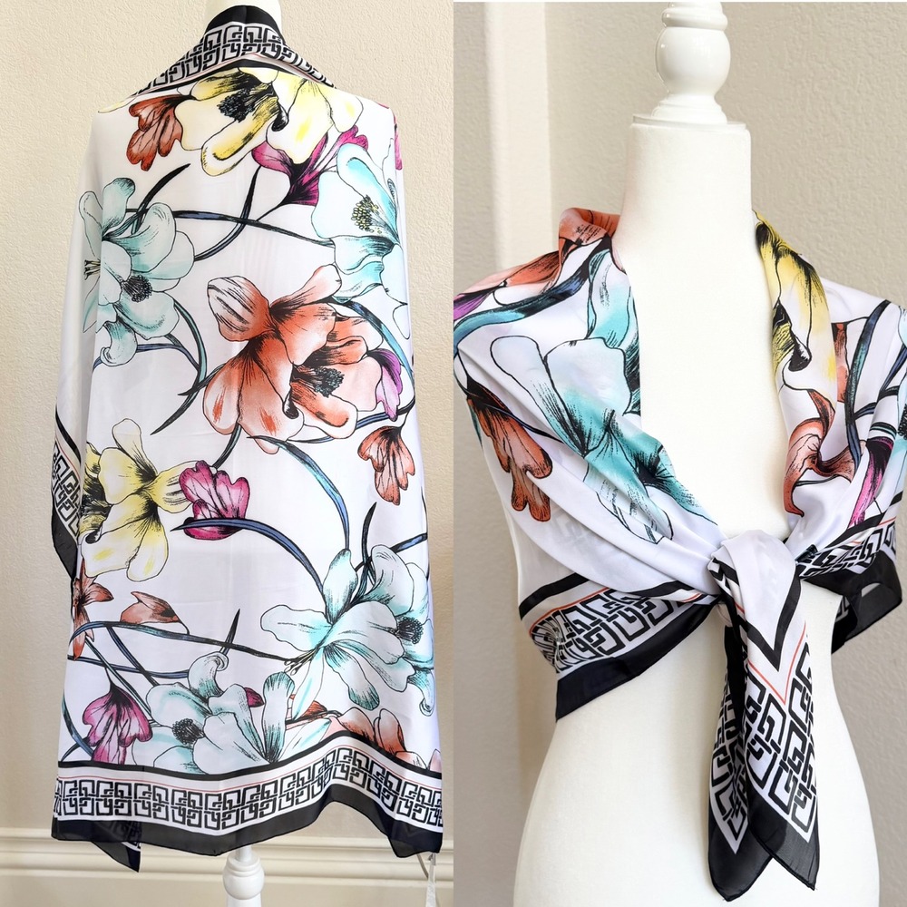 Chicos Floral Square Scarf 40x40" Spring Summer Vacation Resortwear Tropical